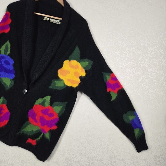 VTG Rafaella Angora Rabbit Hair Lambswool Sweater sz L Black Multicolor Floral - Picture 7 of 12